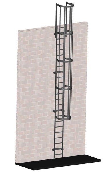 Fest installierte Leiter mit Rückenschutz an einer Wand.