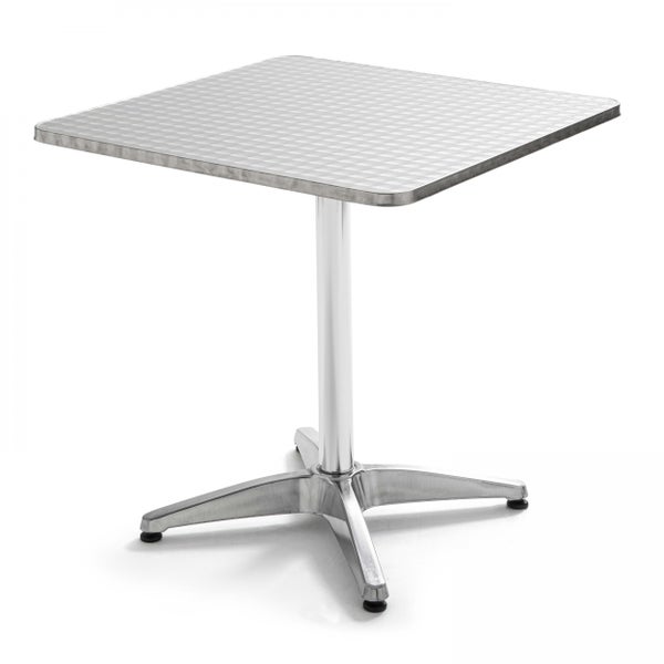 Quadratischer Bistrotisch aus Aluminium mit strukturierter Tischplatte und stabilem Vierfuß-Untergestell.