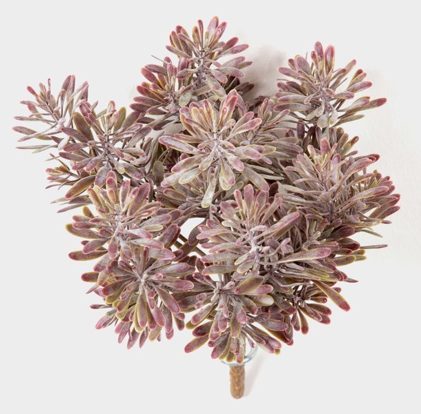 Künstliche Sukkulente mit fleischigen, rötlichen und grünen Blättern in dichter Anordnung.