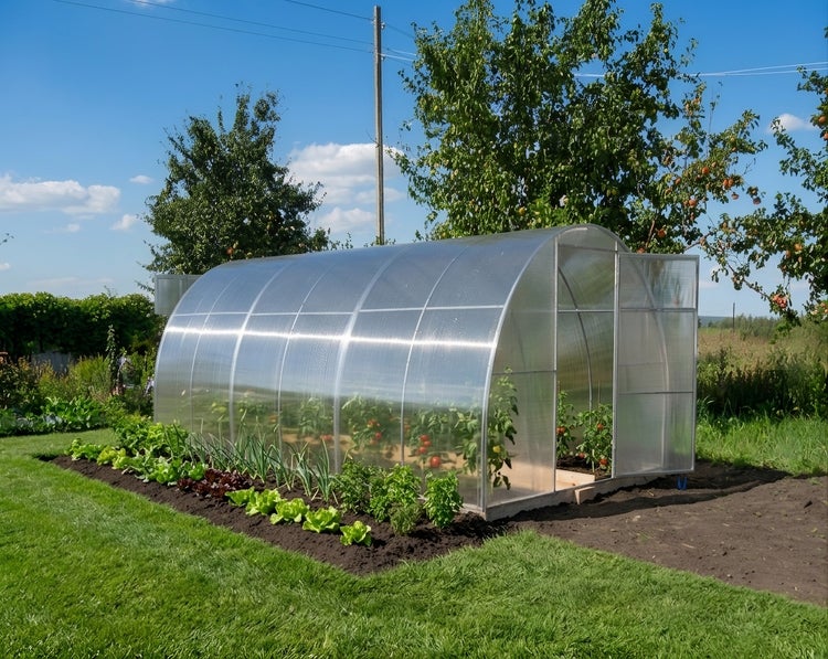 Gewächshaus mit halbkreisförmigem Dach aus Hohlkammerplatten im Garten mit angrenzendem Gemüsebeet und wachsenden Pflanzen.