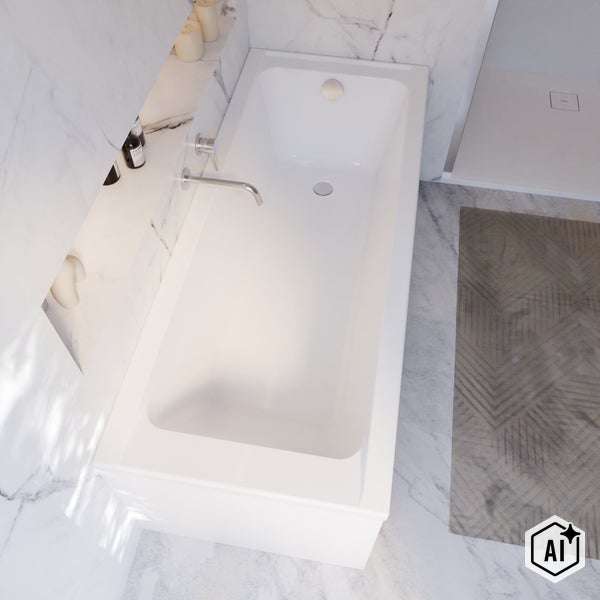 Moderne Badewanne mit Einhandmischer in einem Badezimmer mit Marmoroptik Fliesen und Duschbereich.