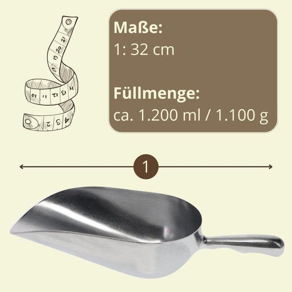 Futterschaufel aus Metall, Abmessungen und Füllmenge dargestellt
