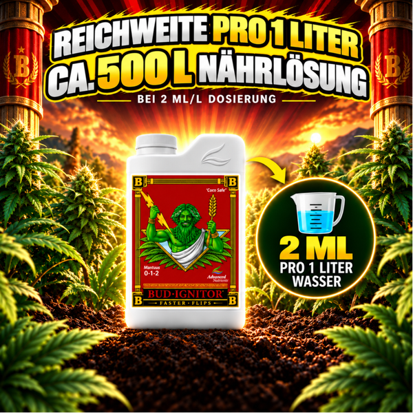Flasche mit Advanced Nutrients Bud Ignitor Pflanzendünger zur Förderung der Blüte bei einer Dosierung von zwei Millilitern pro Liter Wasser.