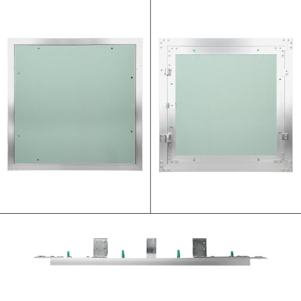 Revisionsklappe mit Aluminiumrahmen und Gipskartoneinlage, Ansicht von vorne, hinten und von der Seite.