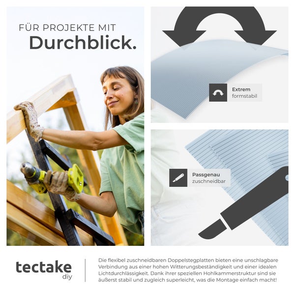 Frau montiert Doppelstegplatten mit Akkuschrauber, tectake diy Logo, Symbole für Formstabilität und Zuschnitt