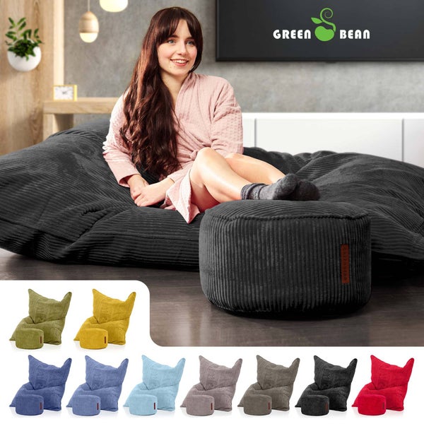 Green Bean Sitzsack + Pouf im Set - XXL Riesensitzsack mit passenden Fußhocker | EPS Füllung Bean Bag Bodenkissen Liegekissen Sitzkissen Indoor Drinnen Waschbar Schwarz