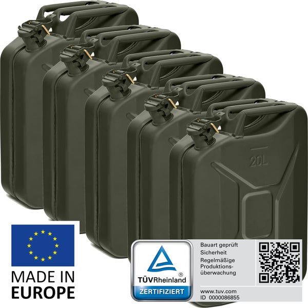 BW® Kraftstoffkanister Metall Benzinkanister 5x 20 Liter - Bronzegrün - RAL 6031-F9 - TÜV-geprüft und UN-Zulassung - Made in Europe