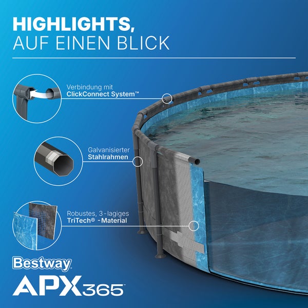 Bestway Aufstellpool APX365 mit ClickConnect-System, galvanisiertem Stahlrahmen und robustem 3-lagigem TriTech-Material.
