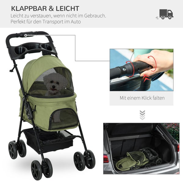 PawHut Hundewagen Hundebuggy mit Klappfunktion Pet Stroller für kleine Hunde und Katzen Haustierwagen Katzenbuggy Oxford Dunkelgrün 67 x 45 x 96 cm