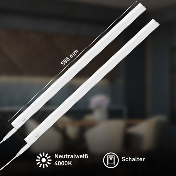 Zwei LED-Unterbauleuchten, Länge 585 Millimeter, neutralweißes Licht mit 4000 Kelvin, inklusive Schalter.