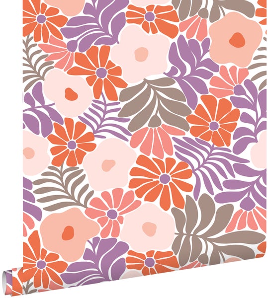 ESTAhome Tapete Blumen im Matisse-Stil Lila, Orange, Graugrün und Rosa - 50 x 900 cm - 131007