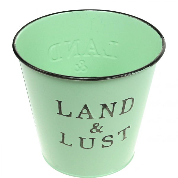 Blumentopf aus Metall mit Aufschrift Land und Lust