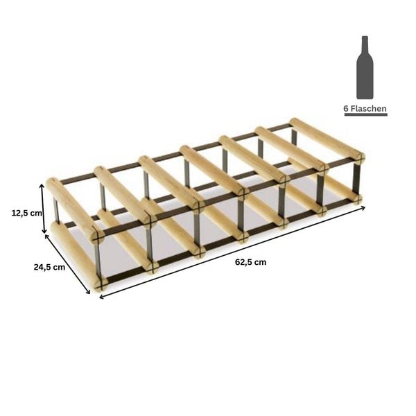 PROREGAL Modulares Weinregal Vinotega Mod Metal HxBxT 12,5 x 62,5 x 24,5 cm 6 x 1 Flaschen Massives Kiefernholz Braun Geölt