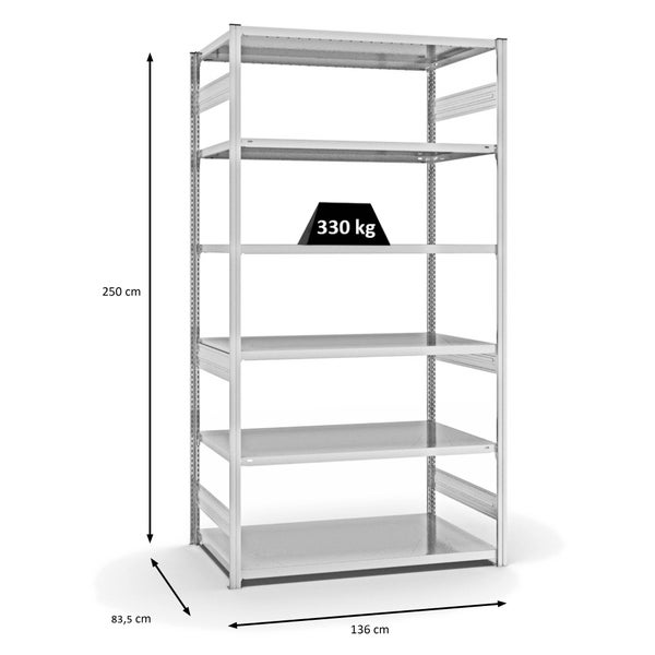 PROREGAL Fachbodenregal Stecksystem T-Profil Heavy-Duty Grundregal HxBxT 250 x 130 x 80 cm 6 Ebenen Fachlast 330 kg Beidseitig Nutzbar Lichtgrau