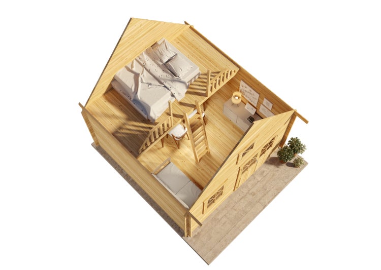 Innenansicht eines Holzhauses mit Schlafzimmer, Schreibtisch und Leiter
