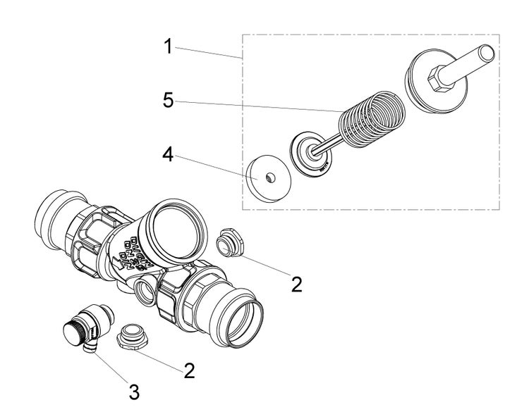 Technische Zeichnung eines Rohrventils als Explosionsdarstellung mit nummerierten Einzelteilen wie Feder, Dichtung und Entleerungsventil.