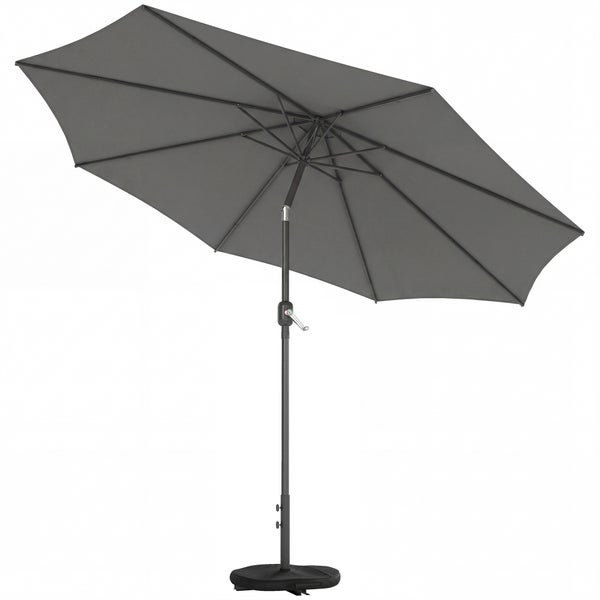Sonnenschirm mit Kurbel und Knickvorrichtung, Gestell aus Metall, runder Schirm in Dunkelgrau inklusive Schirmständer.