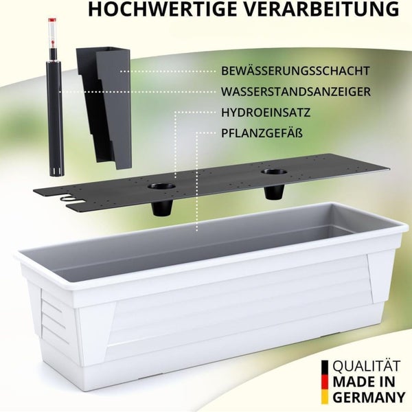 Explosionszeichnung eines Pflanzgefäßes mit Bewässerungssystem, Wasserstandsanzeiger und Hydroeinsatz, Qualität Made in Germany.