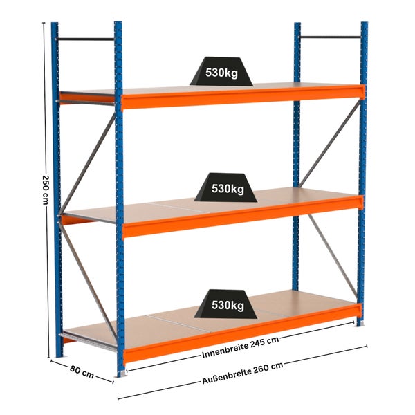 Lagerregal mit drei Ebenen und Gewichtsangabe