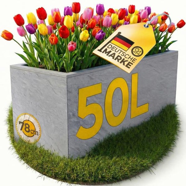 Blumenkasten aus Beton mit Tulpen, Markenzeichen und Größenangaben 50 Liter und 78 Zentimeter