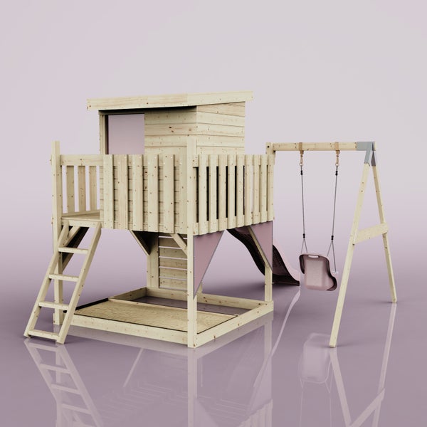 Spielturm aus Holz mit Spielhaus, rosa Rutsche, Schaukel, Leiter und Sandkasten.