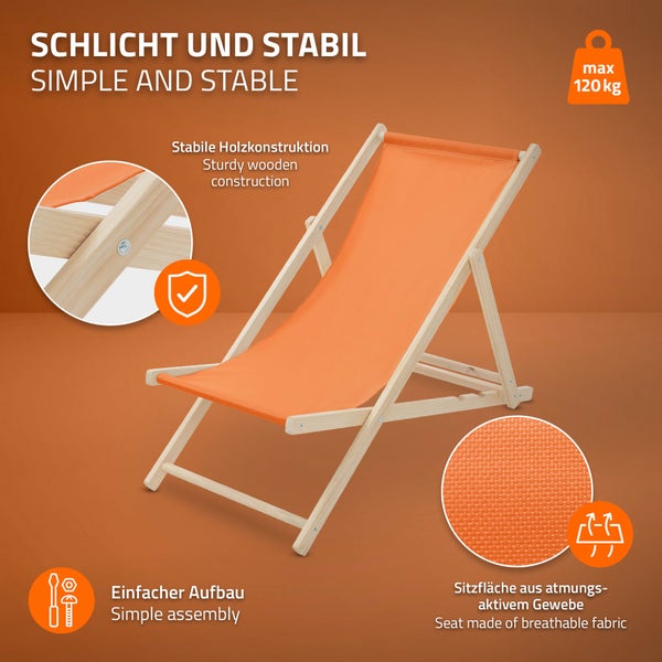 Holz-Liegestuhl mit Stoffbezug, stabile Holzkonstruktion, atmungsaktives Gewebe, einfacher Aufbau, Tragkraft bis 120 Kilogramm.
