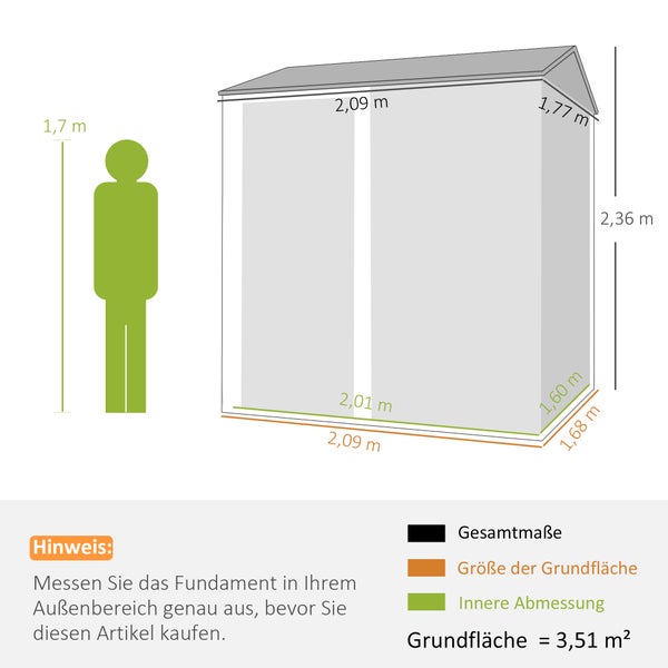 Maßzeichnung Gartenhaus mit Angaben zu Außenmaßen, Grundfläche von 3,51 Quadratmetern und Innenmaßen sowie einer Figur zum Größenvergleich.