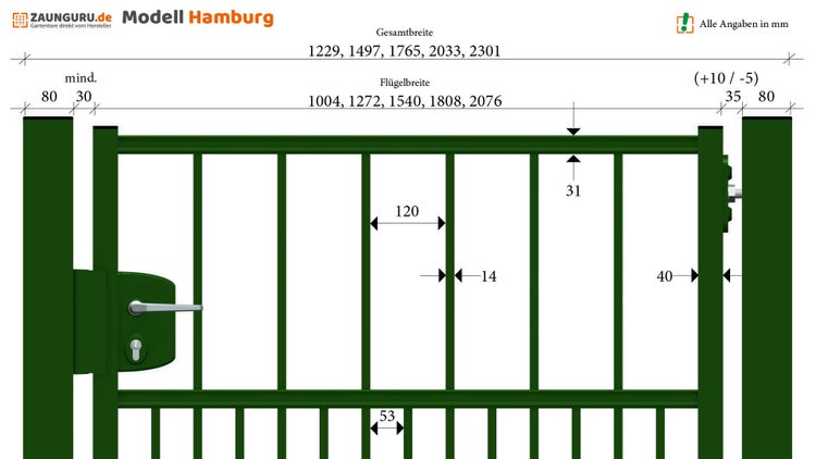 Technische Zeichnung eines Zaunguru Modell Hamburg Gartentors mit Breitenangaben