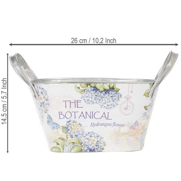 Zink-Pflanzeimer mit botanischem Hortensien-Motiv und Henkeln, Breite 26 Zentimeter, Höhe 14,5 Zentimeter.