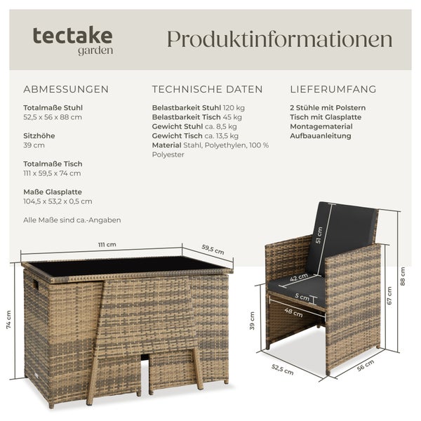 Rattan Sitzgruppe tectake Lausanne zusammenschiebbar für 2 Personen natur