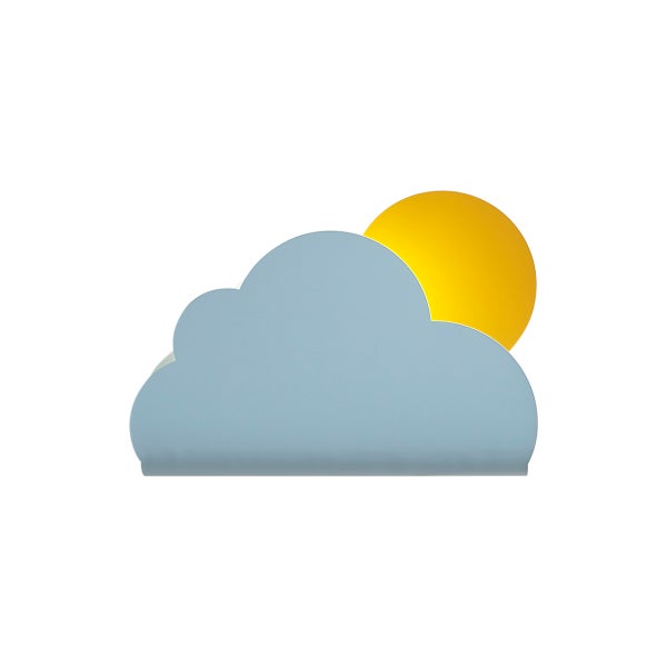 Wandleuchte für das Kinderzimmer in Form einer hellblauen Wolke mit einer gelben Sonne.