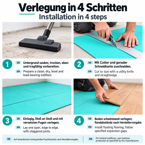 Anleitung zur Bodenverlegung in vier Schritten: Untergrund vorbereiten, zuschneiden, Unterlage auslegen und Bodenbelag schwimmend verlegen.