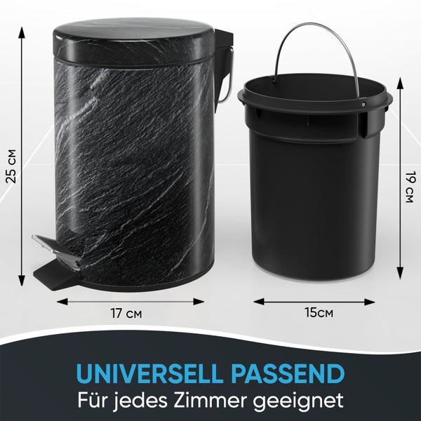 Tretabfalleimer mit Inneneimer. Außen: Höhe 25 Zentimeter, Durchmesser 17 Zentimeter. Innen: Höhe 19 Zentimeter, Durchmesser 15 Zentimeter.