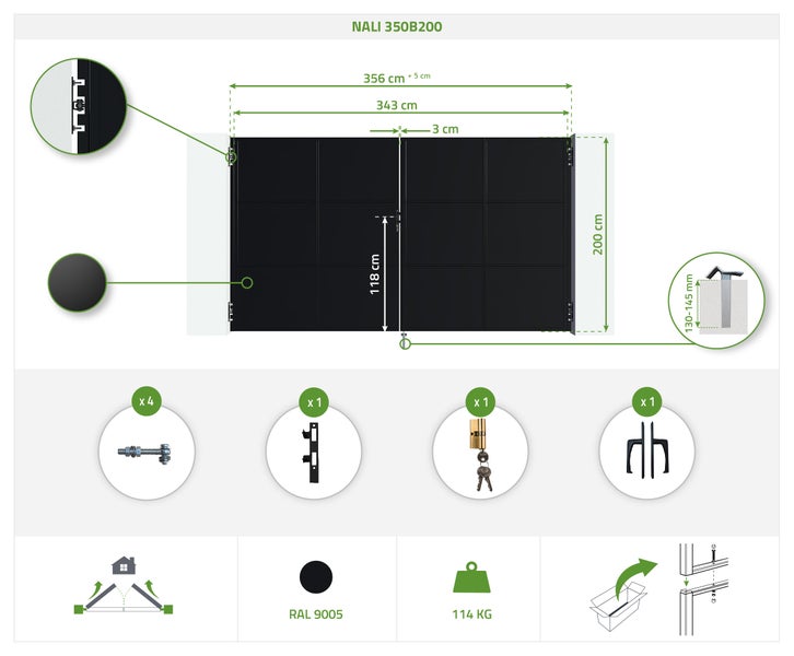 Nali 350B200 Garagentor Details mit Maßen und Zubehörinformationen