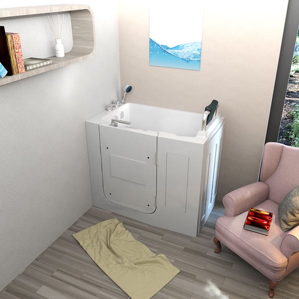 Draufsicht einer weißen Sitzbadewanne mit Tür, integriertem Sitz, Haltegriffen, Kopfstütze und Armaturen.