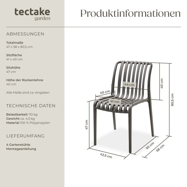 Gartenstühle tectake Alcudia 47 x 58 x 80,5 cm, Belastbarkeit 110 kg wetterfest und UV-beständig anthrazit