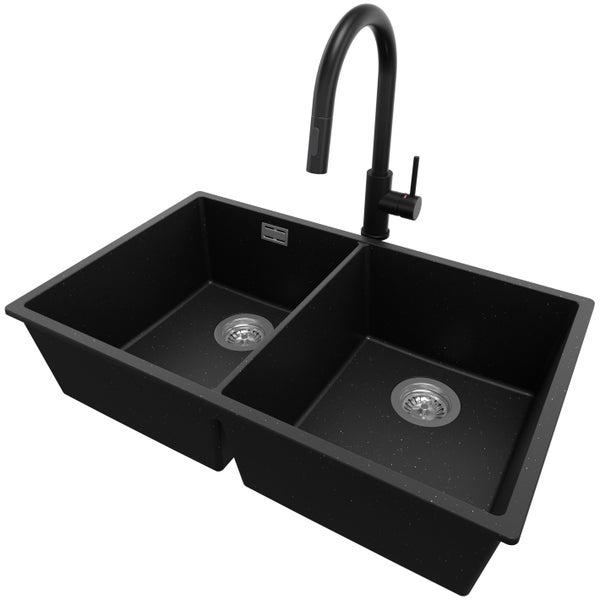 PRIMAGRAN Granitspüle Schwarz Metallic 76x47cm, Spülbecken 2 Becken + Küchenarmatur 40x20cm + Ablauf-Set, Küchenspüle ab 80er Unterschrank - London Slim Twin