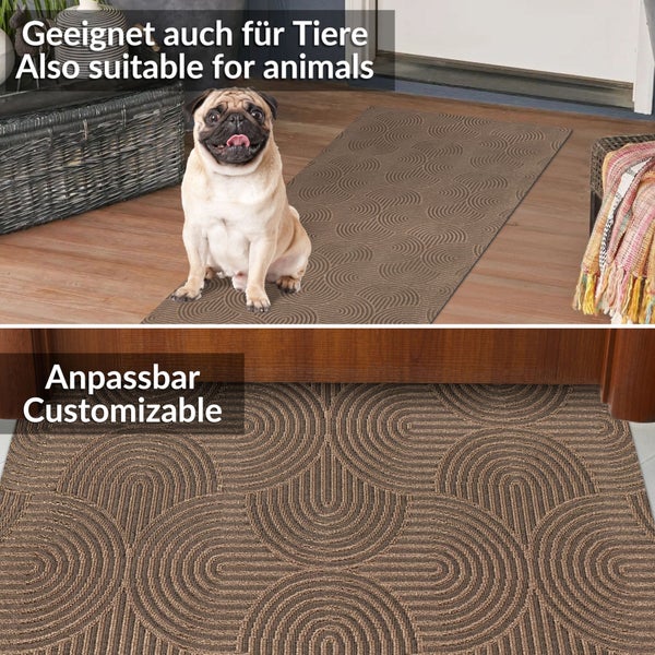 Brauner Läufer mit Bogenmuster, für Haustiere geeignet und individuell anpassbar, gezeigt in einem hellen Eingangsbereich mit einem Hund.