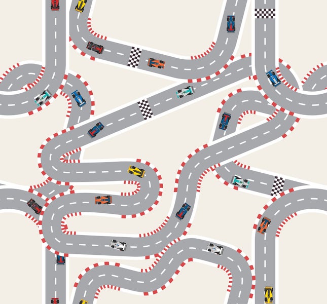 Illustration einer Rennstrecke mit Zielflaggen und Rennwagen