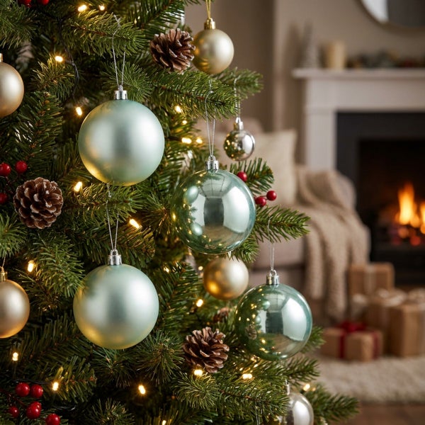 Geschmückter Weihnachtsbaum mit Weihnachtskugeln in verschiedenen Oberflächen, Kiefernzapfen und Lichterkette vor einem Kamin im Hintergrund.