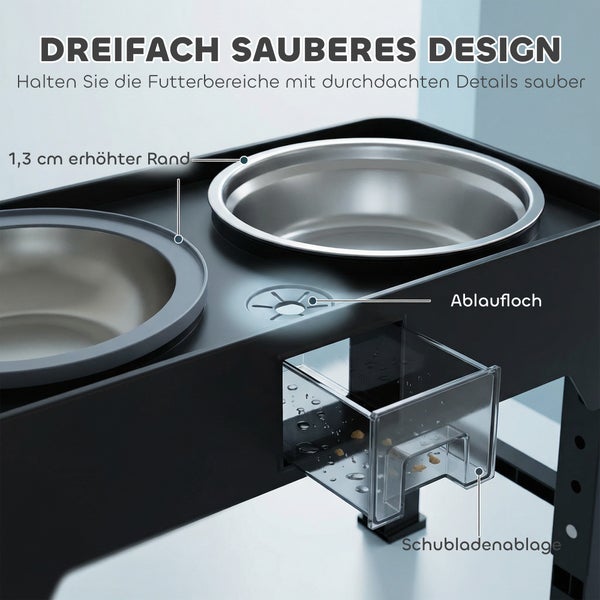 Erhöhte Futterstation für Hunde mit zwei Edelstahlnäpfen, 1,3 Zentimeter hohem Rand, Ablaufloch und herausnehmbarer Schublade.