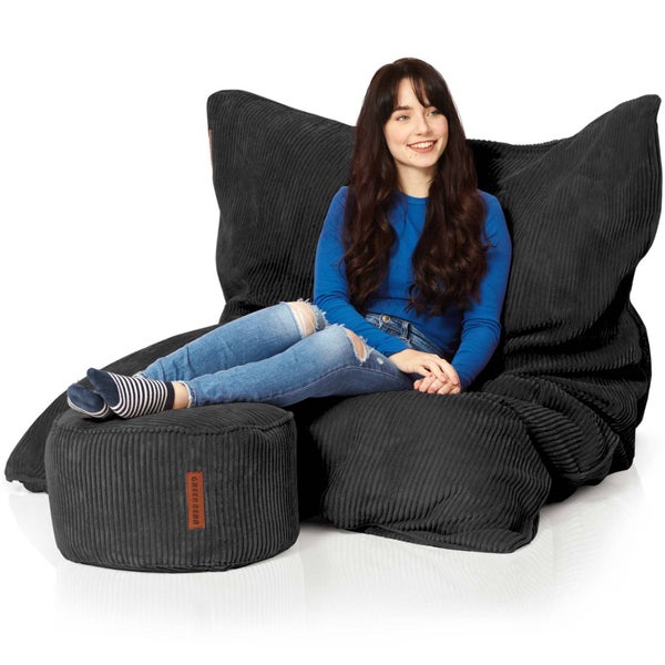 Green Bean Sitzsack + Pouf im Set - XXL Riesensitzsack mit passenden Fußhocker | EPS Füllung Bean Bag Bodenkissen Liegekissen Sitzkissen Indoor Drinnen Waschbar Schwarz