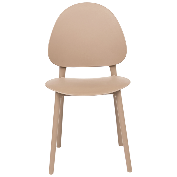 Moderner Kunststoffstuhl in Beige mit runder Rückenlehne und ergonomischer Sitzfläche.