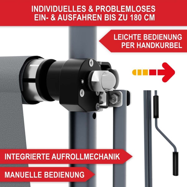 Seitenmarkise mit Handkurbel zur manuellen Bedienung und integrierter Aufrollmechanik bis zu 180 Zentimeter.
