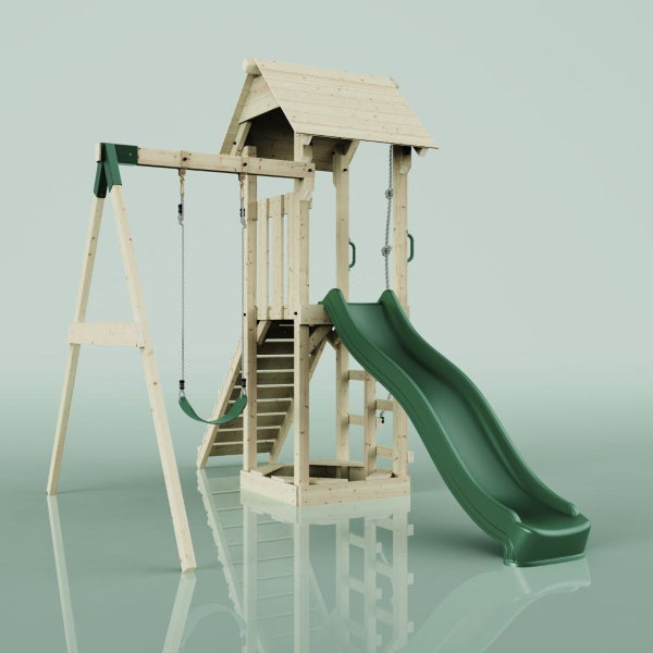 Spielturm mit Schaukel und Rutsche aus Holz
