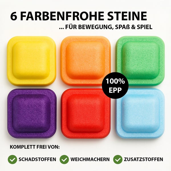 Sechs farbenfrohe Steine für Bewegung, Spaß und Spiel, komplett frei von Schadstoffen, Weichmachern und Zusatzstoffen aus 100 Prozent EPP.