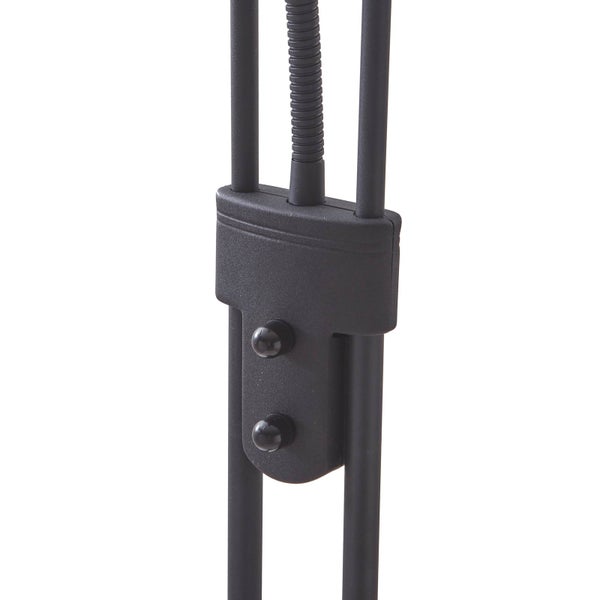 Detailansicht eines schwarzen Stehleuchten-Gestells mit zwei Druckschaltern und einem flexiblen Arm.