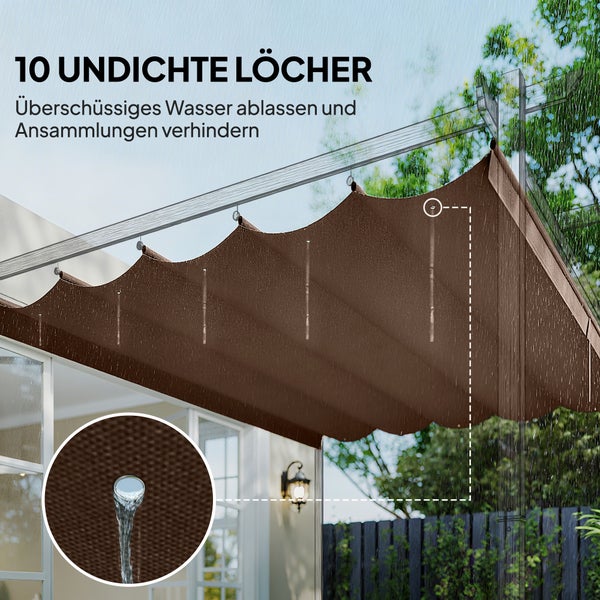 Ausziehbares Sonnensegel für Pergola mit zehn Ablauflöchern zum Ablassen von überschüssigem Regenwasser.
