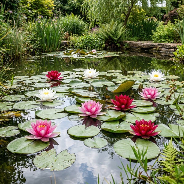 Ein heller Gartenteich mit verschiedenen Seerosen und Seerosenblättern, umgeben von üppiger Vegetation und Farnen.
