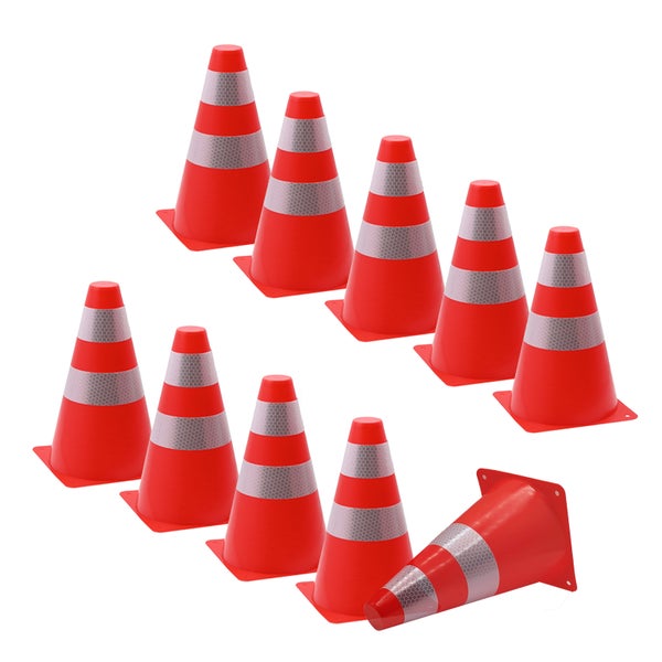 Set aus zehn Warnkegeln mit reflektierenden Streifen zur Absicherung von Baustellen und Gefahrenbereichen.